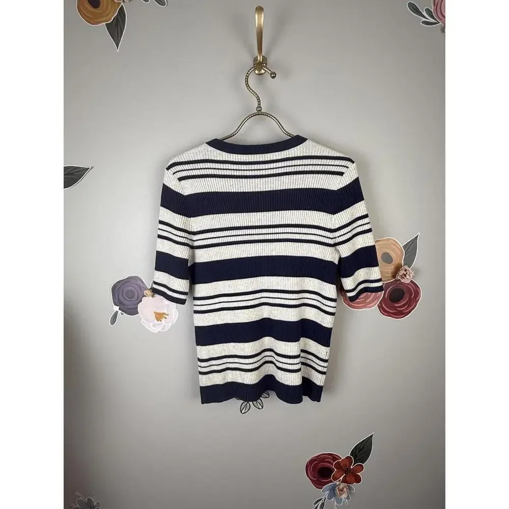 Madewell Navy and White Ribbed Striped Short Sleeve Sweater Top - Size - Small